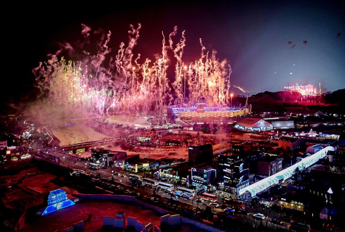 Fireworks go off at the start of the opening ceremony of the 2018 Winter Olympics at the Pyeongchang Stadium.