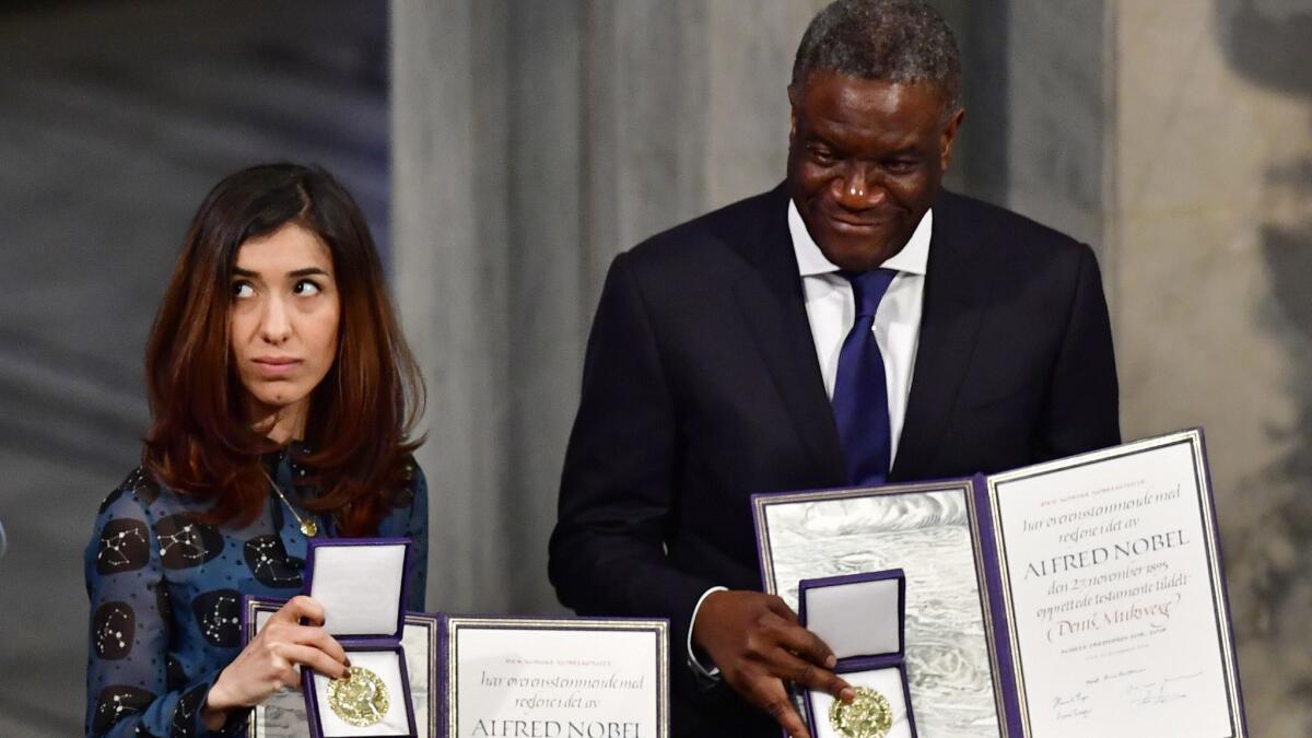 Nobel Peace Prize laureates Nadia Murad and Dr. Denis Mukwege at the award ceremony Monday in Oslo.