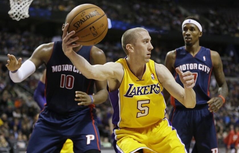 Steve Blake corrals a loose ball and looks to pass around Detroit's Greg Monroe, left, and Brandon Jennings, right, during the Lakers' 106-102 win Friday.