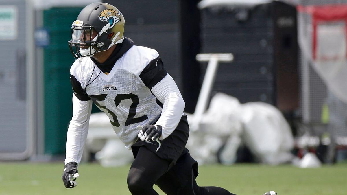 Hayes Pullard runs through a drill during the Jacksonville Jaguars training camp on July 28. The former USC linebacker was waived by the Jaguars on Sept. 3 and claimed by the Chargers on Sept. 4.