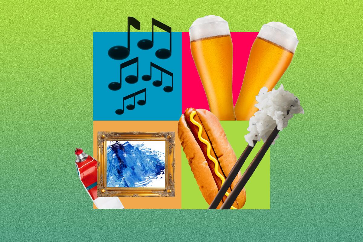 An illustration of musical notes, cold beverages, a painting with a paint tube next to it, a hot dog and chopsticks.