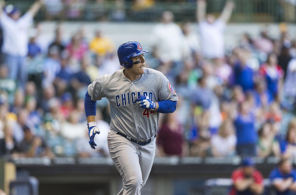 Chicago Cubs first baseman Anthony Rizzo hits a two-run home run off of Mike Fiers of the Milwaukee Brewers during a game on Sept. 28, 2014.
