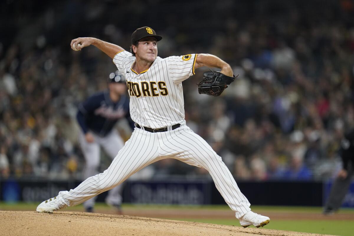San Diego Padres starting pitcher Reiss Knehr delivers against the Atlanta Braves on Sept. 24. 