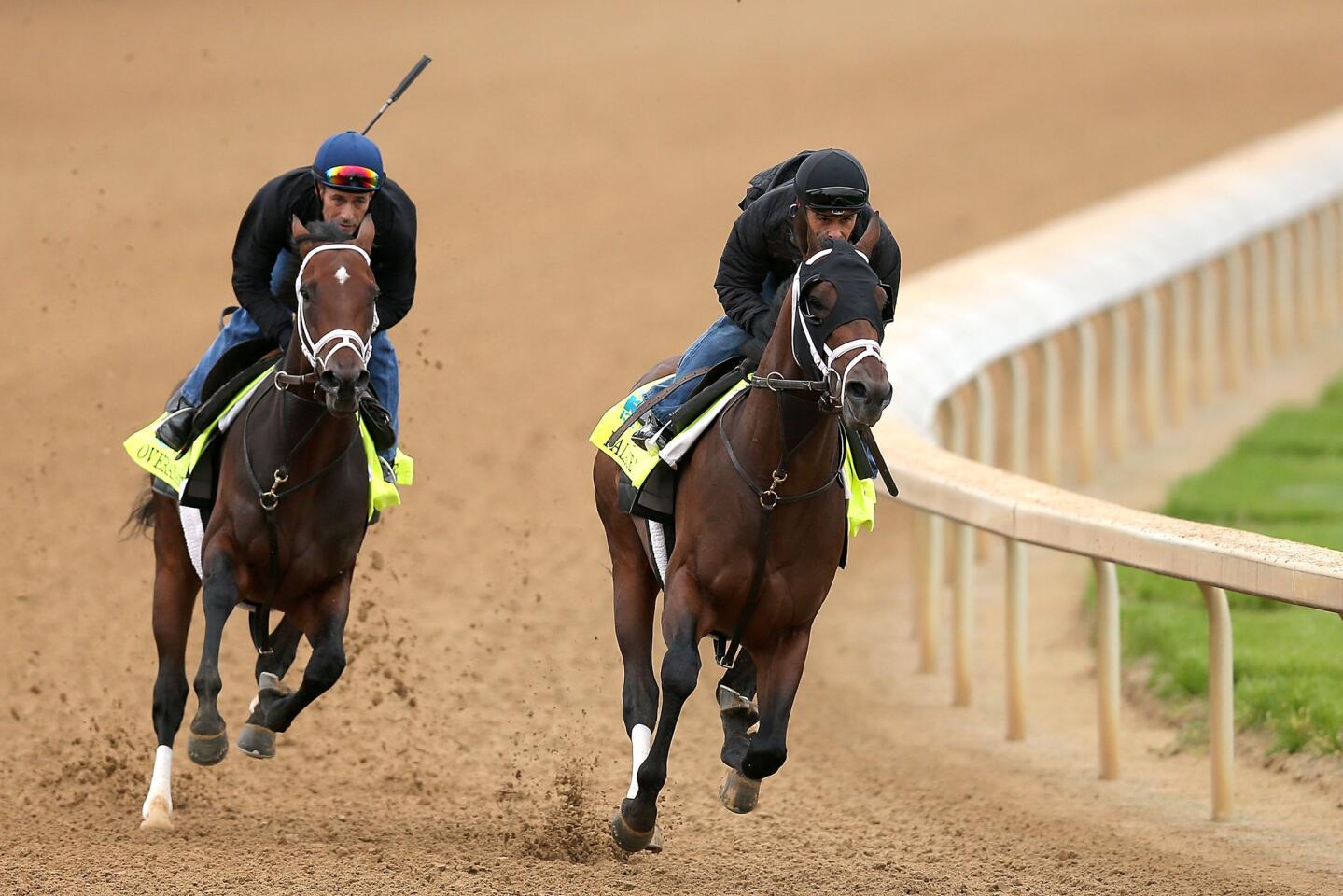 Overanalyze, ridden by Gary Stevens, and Palace Malice, ridden by Mike Smith, work out together during the morning exercise session in preparation for the 139th Kentucky Derby at Churchill Downs.