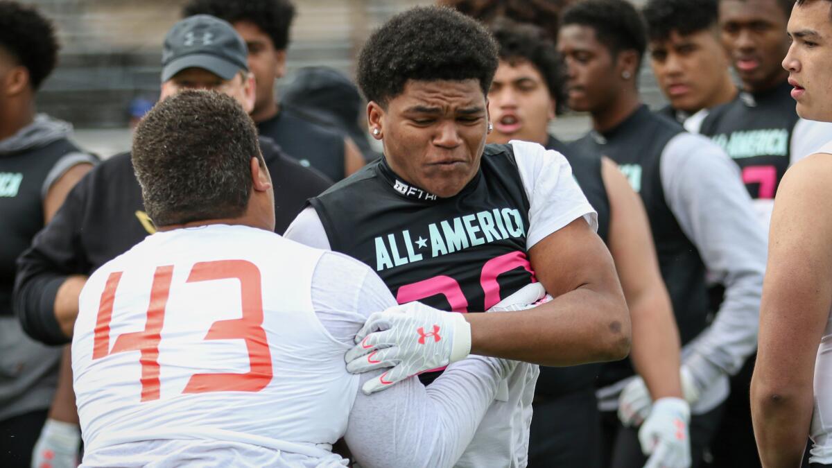 Sierra Vista defensive lineman Nick Dimitris at the Under Armour regional camp at Mission Viejo High on Feb. 9.