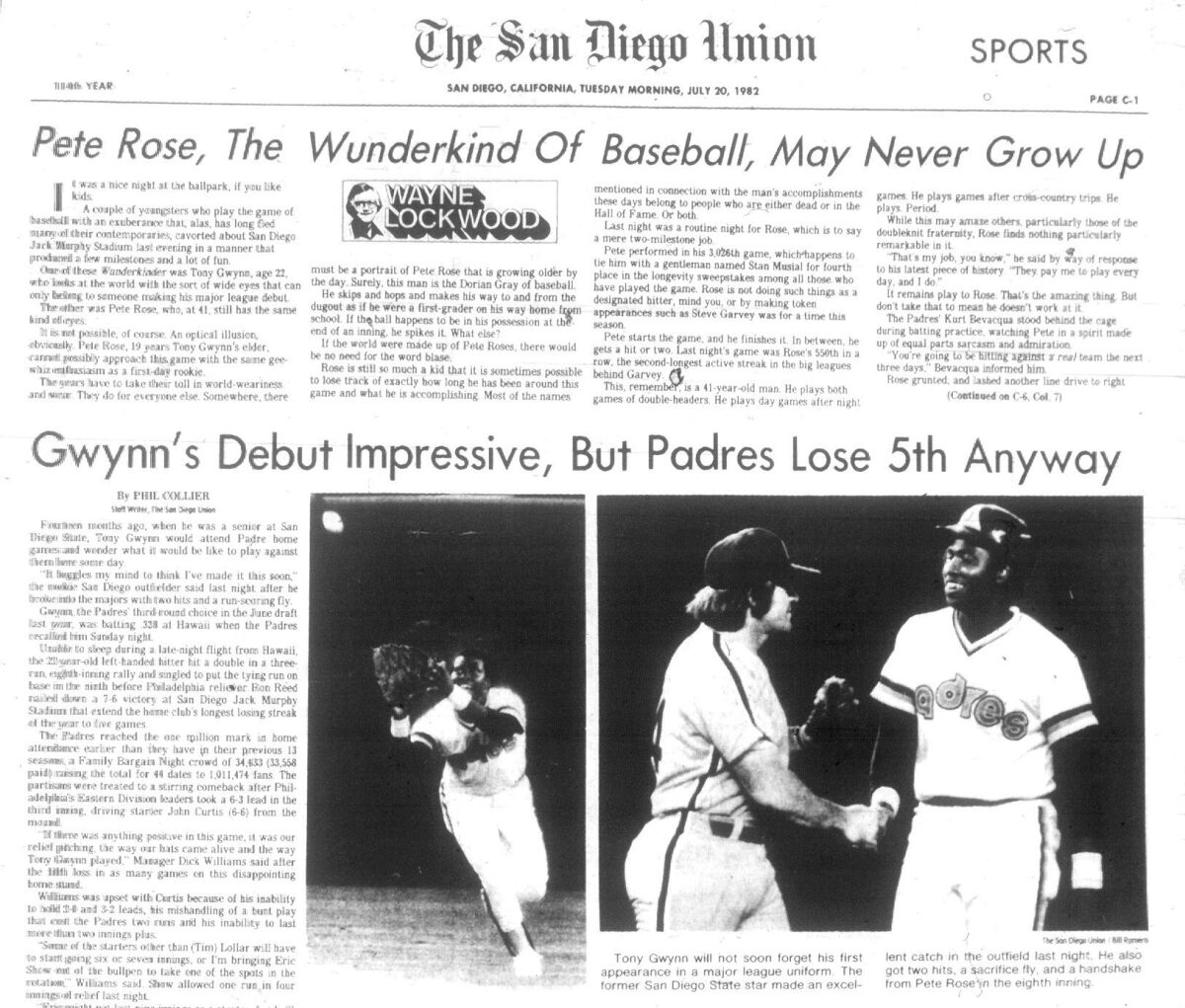 Front page of the Sports section of the San Diego Union tells the story of Tony Gwynn's debut in July 1982.