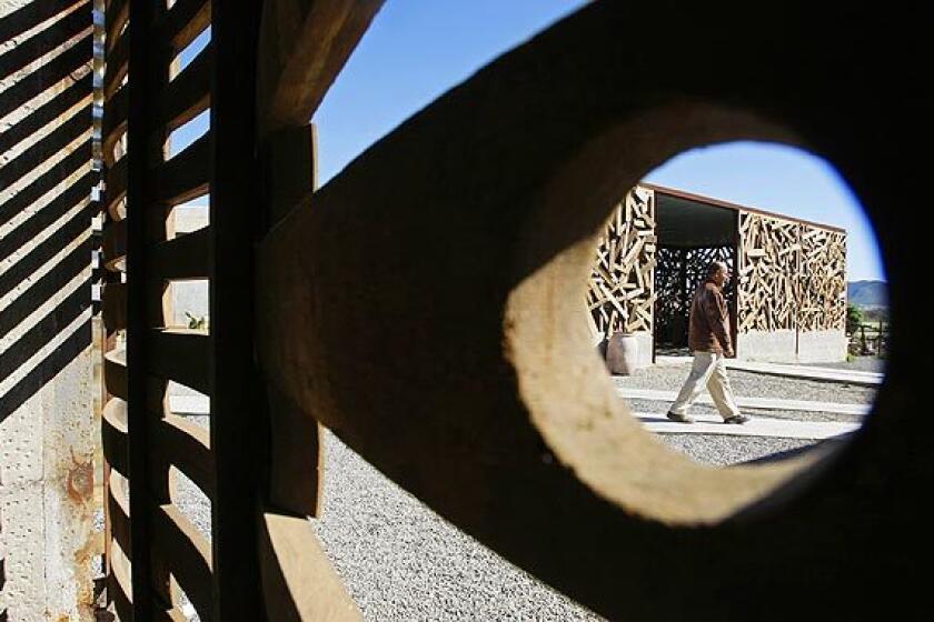 By Barbara Thornburg Alejandro D'Acosta and Claudia Turrent have quietly been spreading their brand of sustainable design in northern Baja, Mexico, turning trash into interesting architecture. One of D'Acosta's recent experiments is La Escuelita, a wine school and olive oil factory in the Guadalupe Valley. One building is made of palos  discarded wood boards taken from construction sites, while the new wine tasting centers walls are composed of wine barrel staves. To see more, click to next photo. To see a separate gallery of the couple's seaside house, click to Part I of our package.