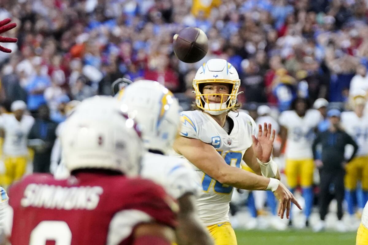 Chargers quarterback Justin Herbert throws the winning two-point conversion pass against the Arizona Cardinals.