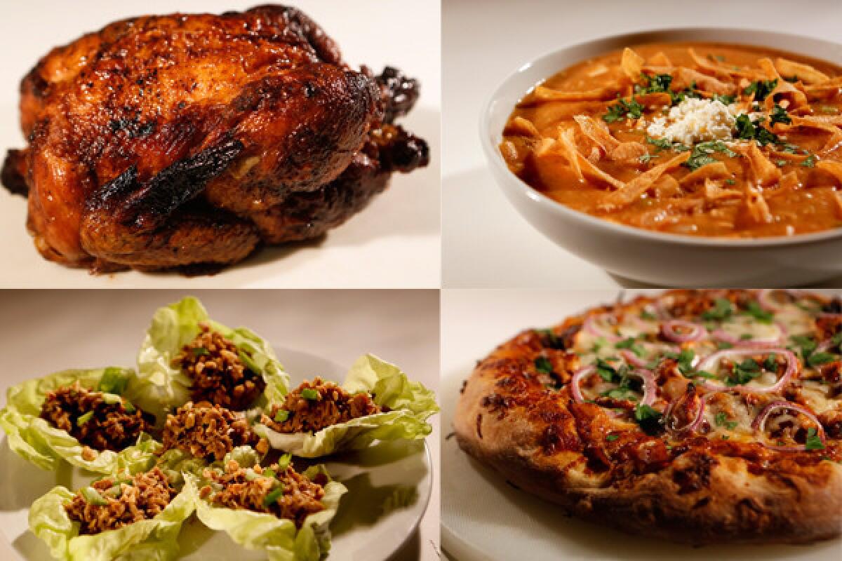 Clockwise from top left, rotisserie chicken, chicken tortilla soup, barbecue chicken pizza and lettuce tacos.