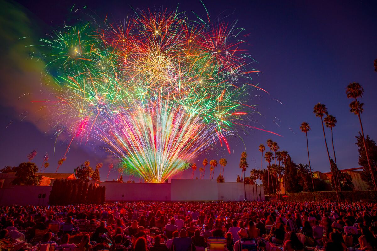 Cinespia displays fireworks after a showing of "Moulin Rouge" at the Hollywood Forever Cemetery.