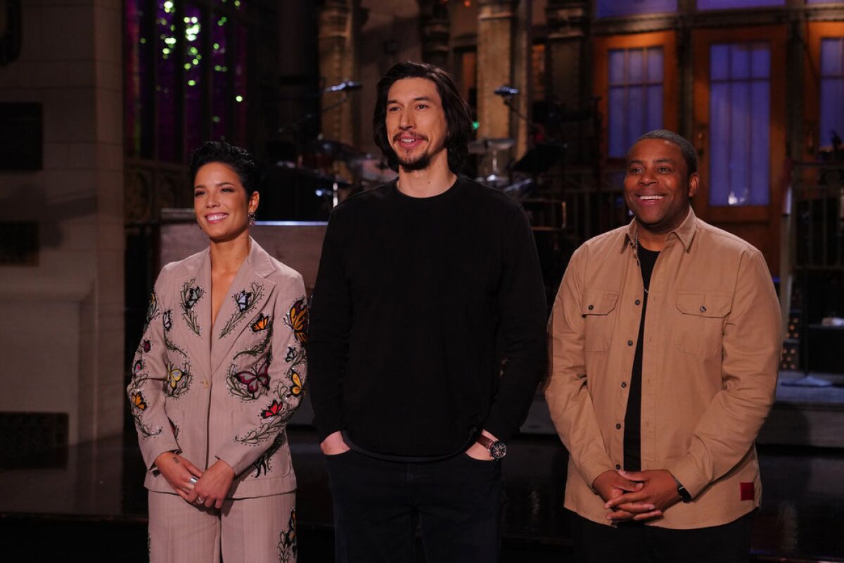 "Saturday Night Live" musical guest Halsey, host Adam Driver and cast member Kenan Thompson. 