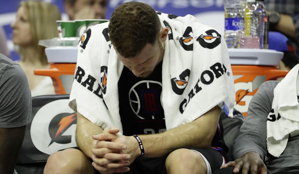 The Clippers' Blake Griffin, who returned to action Tuesday against the 76ers, takes a breather at Philadelphia.