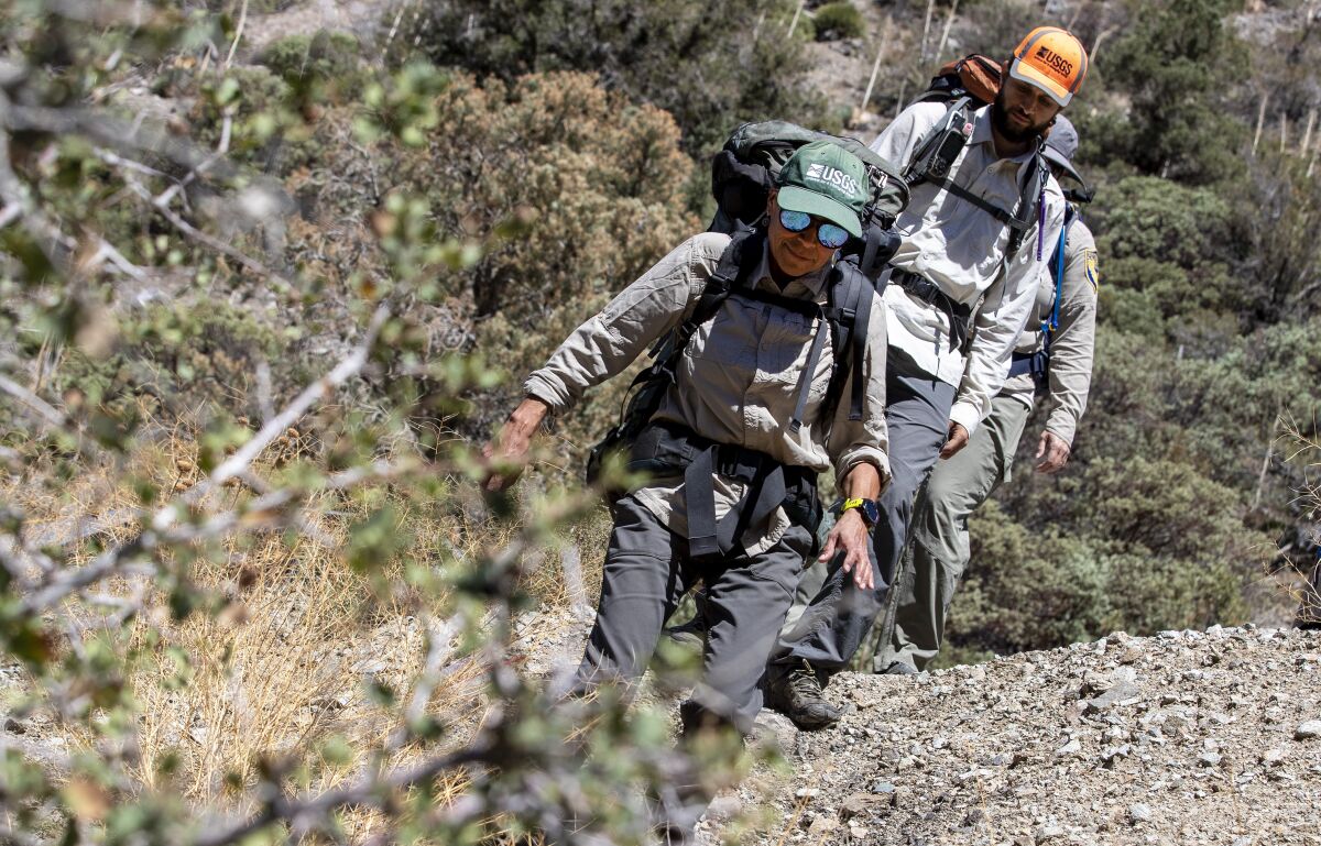 People hiking in a canyon.