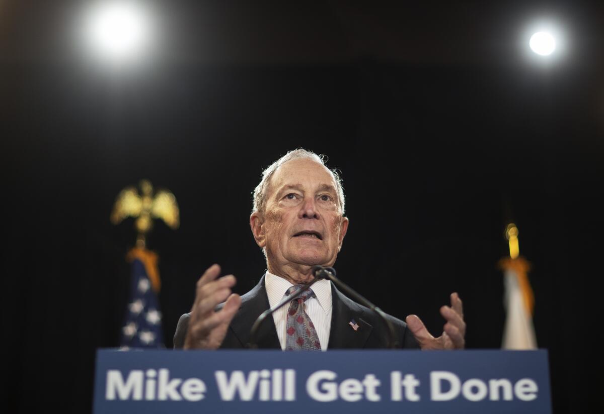 Then-Democratic presidential candidate Michael Bloomberg speaks at a campaign event in Providence, R.I., in February. 