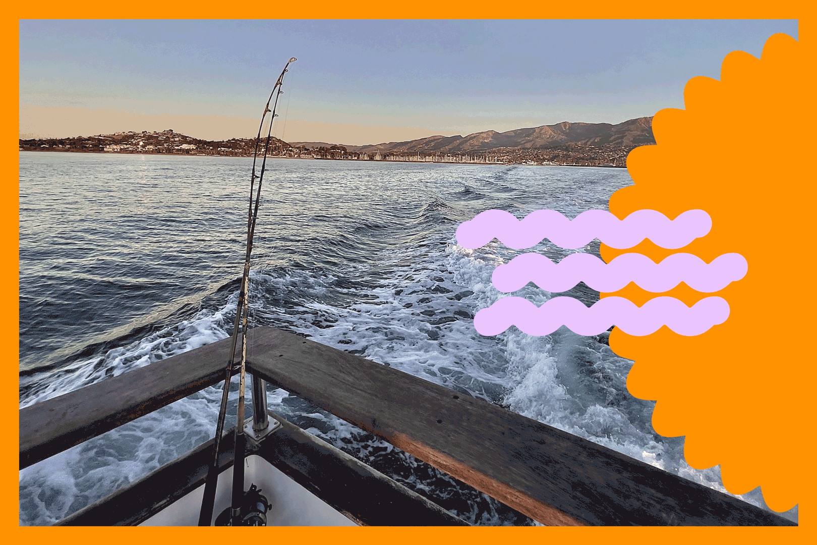 A view of the shoreline from the front of a boat. A fishing rod rests against the boat's rails.