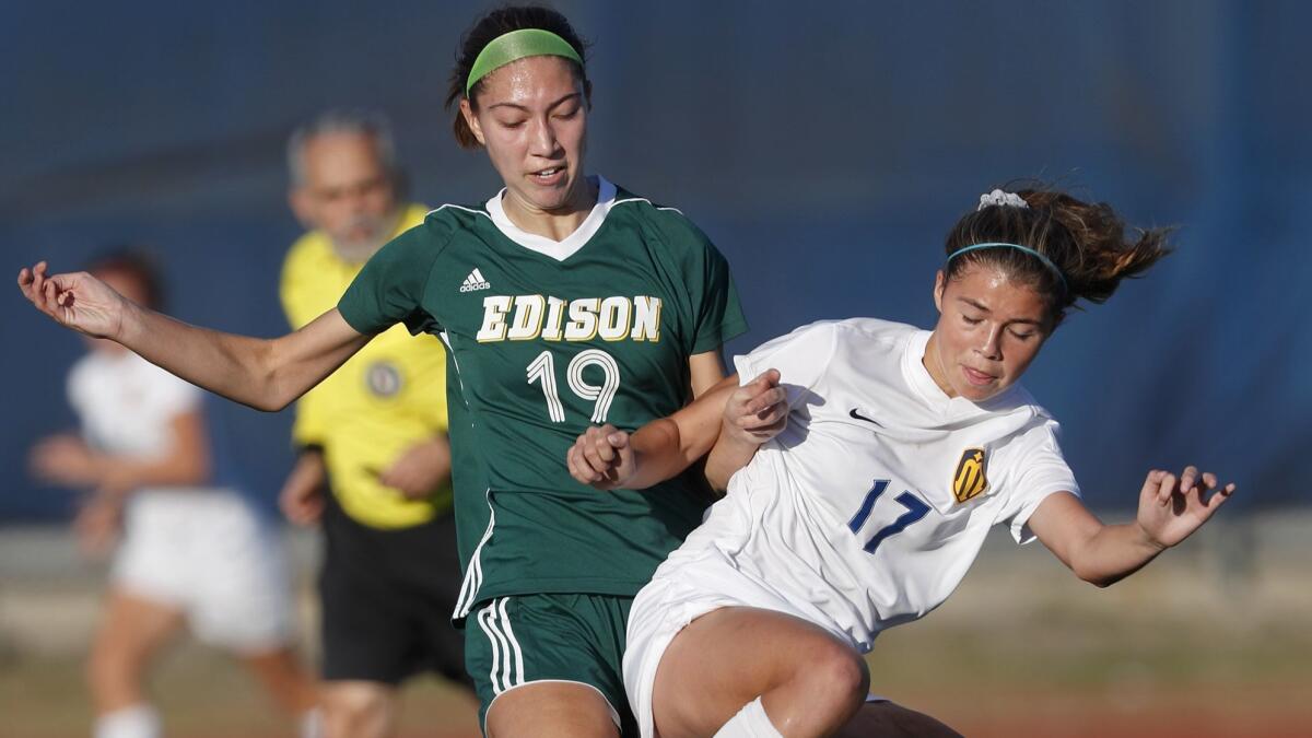 Marina High's Kaitlyn Paculba (17), seen here on Jan. 4, 2018, led the Vikings to a 2-0 win over Huntington Beach on Tuesday.