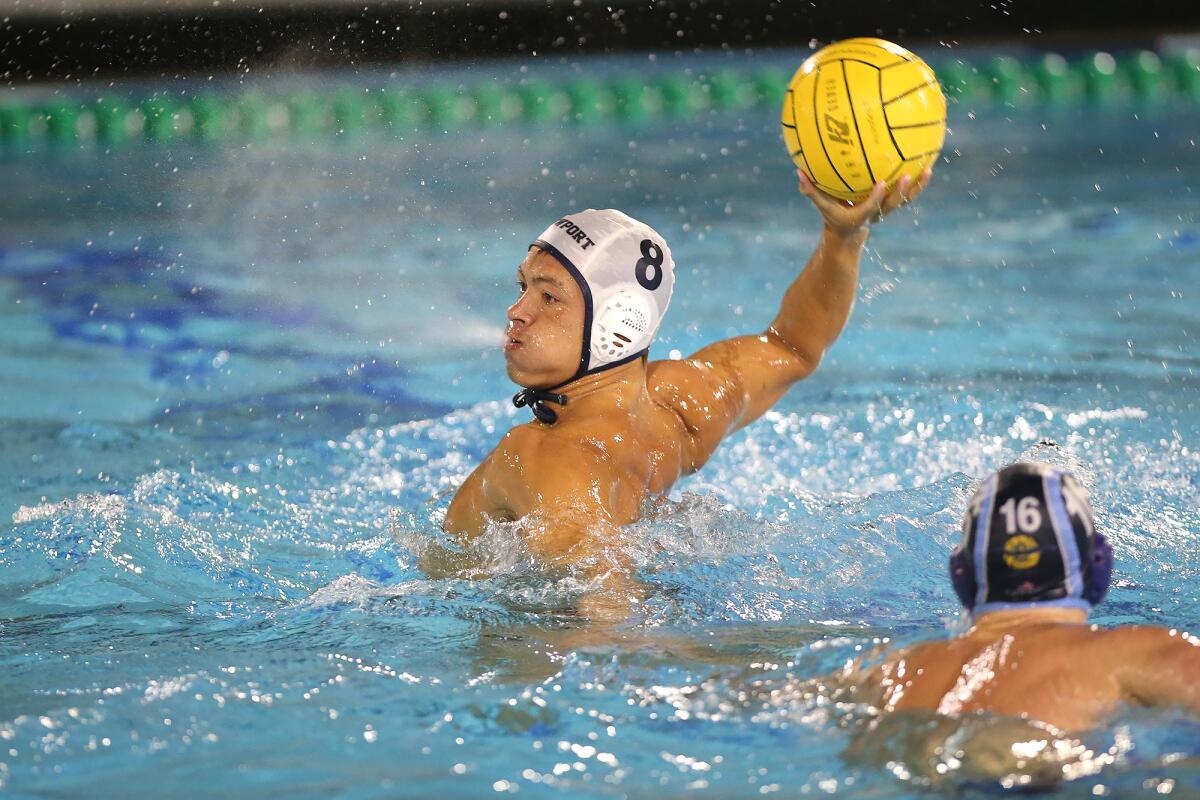 Newport Harbor's Reed Stemler takes a shot in the Battle of the Bay match at home against Corona del Mar on Wednesday.