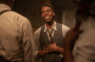 FOR DP KEY SCENES RUNNING MARCH 4. 2021. Chadwick Boseman as Levee in MA RAINEY'S BLACK BOTTOM(2020). DP Tobias Schliessler's favorite scene in when Chadwick Boseman," playing the talented yet distracted trumpeter Levee,"recounts the rape of his mother and murder of his father to his bandmates." Cr. David Lee/NETFLIX