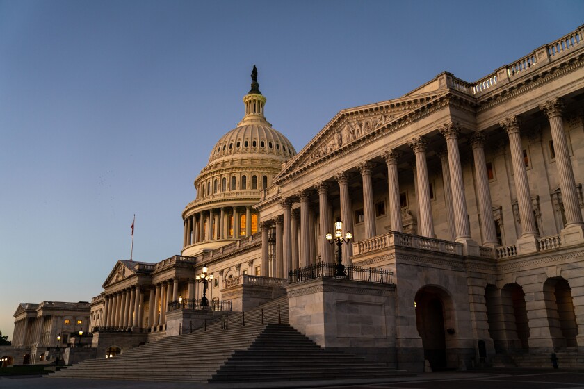 WASHINGTON, DC - NOVEMBER 05: The U.S. Capitol Building, photographed on Friday, Nov. 5, 2021 in Washington, DC. After months of negotiations between progressives and moderates, House Democrats hope to hold votes on the bipartisan infrastructure bill and social spending bill on Friday. (Kent Nishimura / Los Angeles Times)