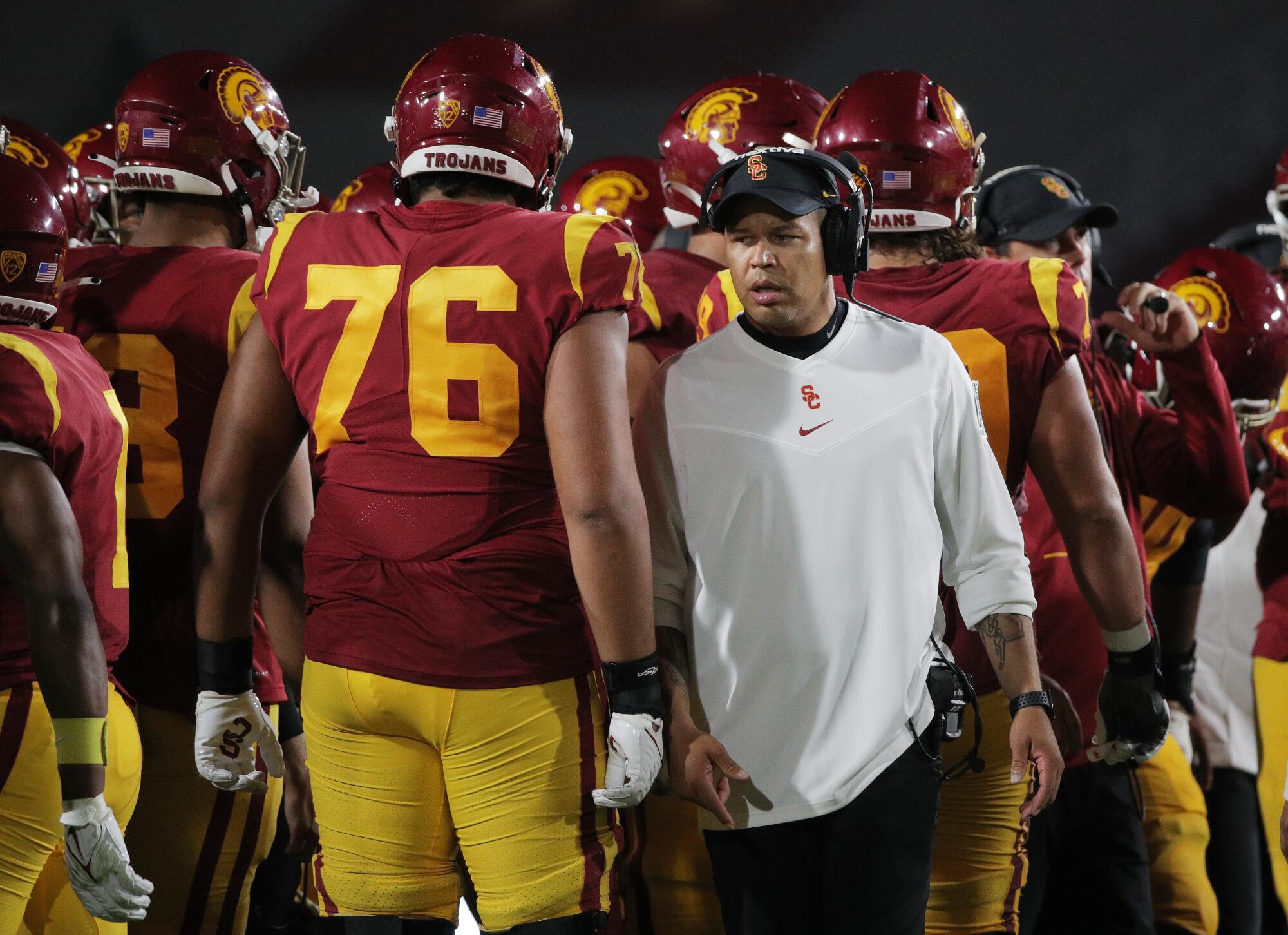USC interim head coach Donte Williams looks on from the sideline in the closing moments of the Trojans' 45-27 loss.
