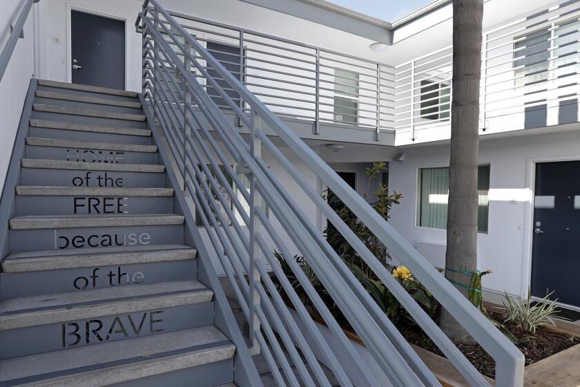 The words "Home of the FREE because of the BRAVE" are inscribed into a stairway at The Cove Apartments in Newport Beach. The Cove Apartments provides permanent affordable and supportive housing for homeless veterans and low-income seniors age 62 and older earning 30-60 percent of the area median income.