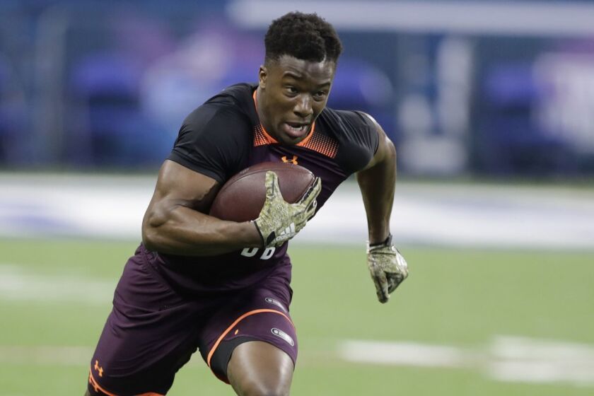 Washburn defensive back Corey Ballentine runs a drill during the NFL football scouting combine, Monday, March 4, 2019, in Indianapolis. (AP Photo/Darron Cummings)