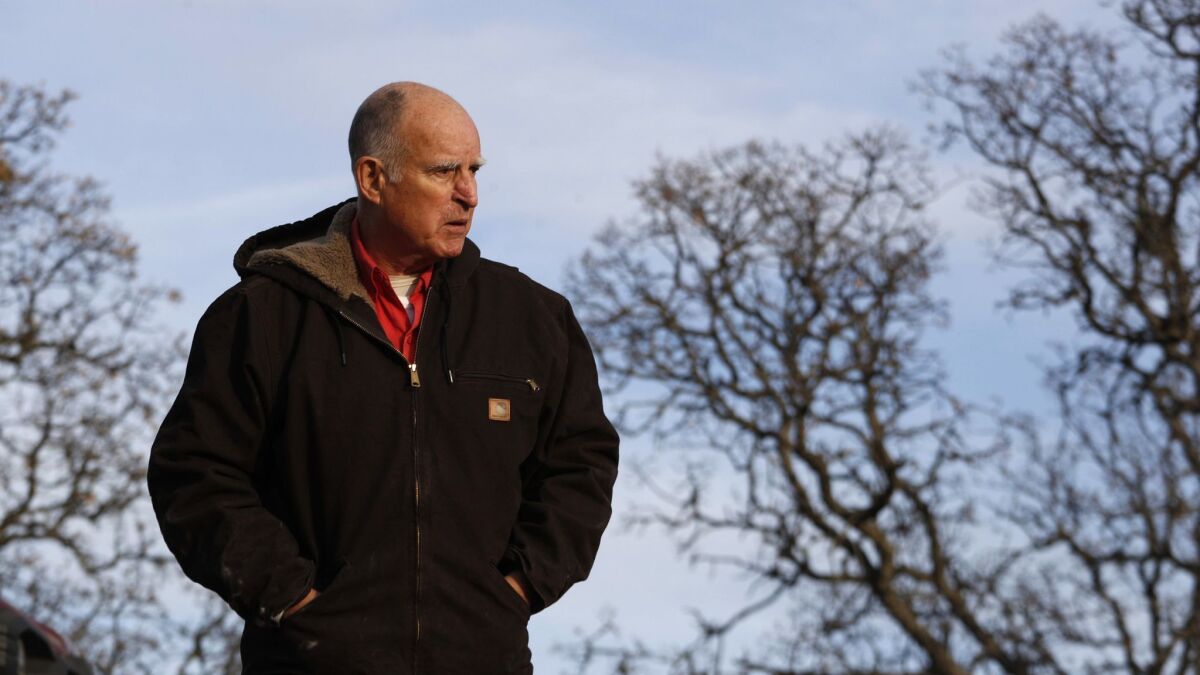 Gov. Jerry Brown at his ranch near Williams, Calif., in 2017.