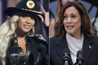 This combination photo shows Beyonce at the iHeartRadio Music Awards in Los Angeles on April 1, 2024, left, and Vice President Kamala Harris speaking from the South Lawn of the White House in Washington on July 22, 2024. (AP Photo)