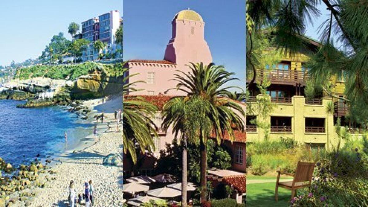 During the 2020 coronavirus pandemic, some La Jolla hotels remain open with reduced amenities, while others have temporarily closed. Pictured from left: La Jolla Cove Suites, La Valencia Hotel and The Lodge at Torrey Pines.