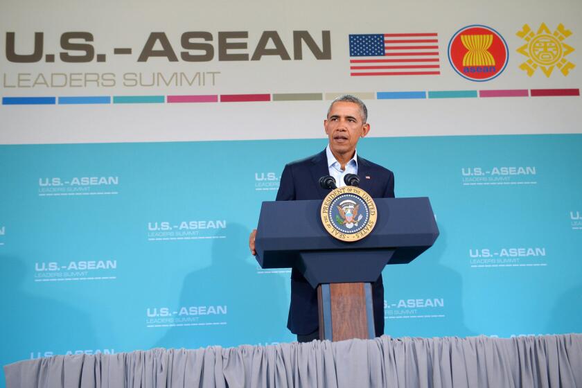 President Obama speaks after a meeting of the Assn. of Southeast Asian Nations on Feb. 16 in Rancho Mirage, Calif.