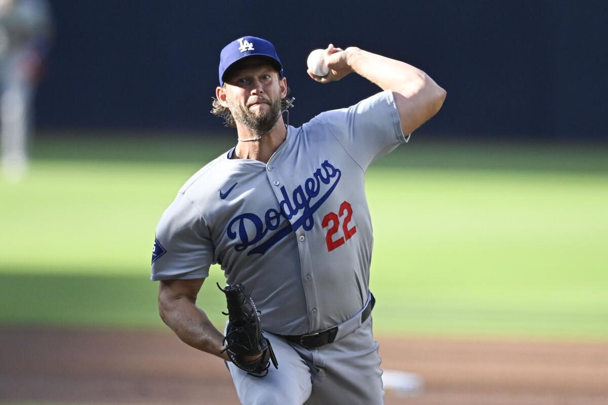 Dodgers left-hander Clayton Kershaw pitches in an away uniform in San Diego
