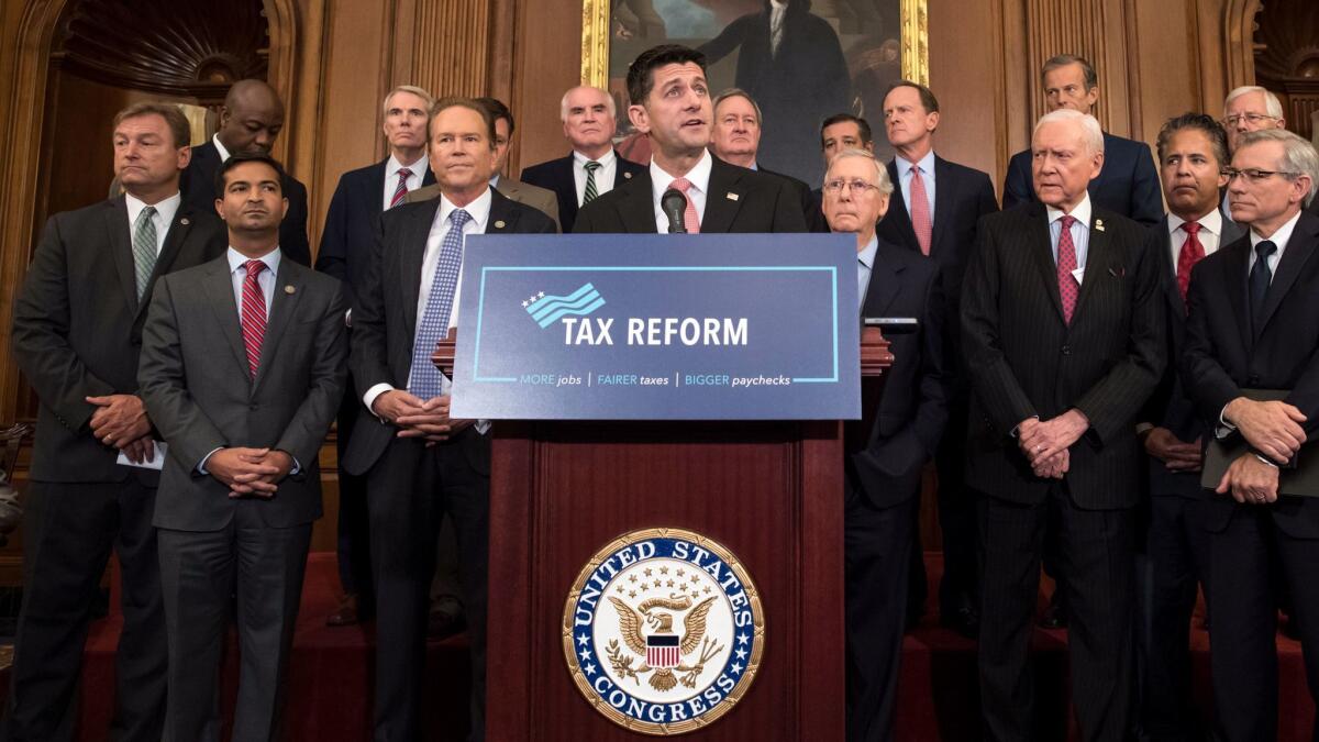 More money for us, too bad about you: House Speaker Paul D. Ryan (R-Wis.), joined by colleagues including Senate Majority Leader Mitch McConnell (R-Ky.) behind his left shoulder, introduces the GOP tax plan Wednesday on Capitol Hill.