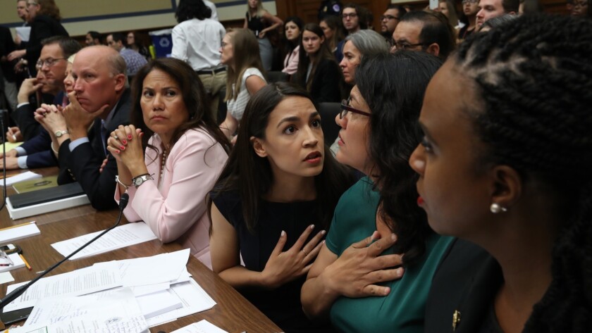 A secret Facebook group for Border Patrol agents is filled with dehumanizing and sexist posts about Rep. Alexandria Ocasio-Cortez (D-N.Y.), center, and migrants who have died, a ProPublica report found.