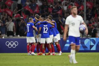 France celebrates after Michael Olise scored the second of three goals against the United States in the Olympics.