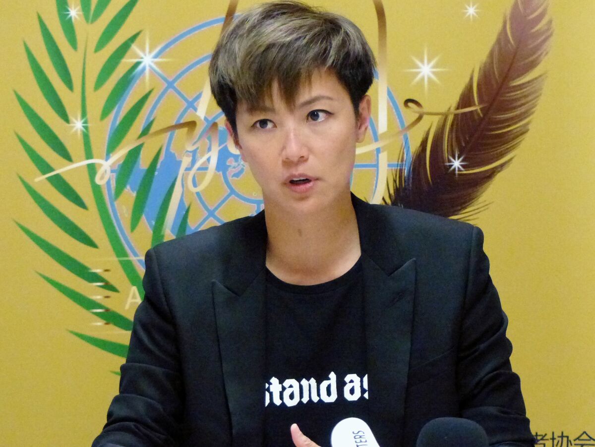 FIEL - In this July 8, 2019, file photo, Hong Kong pop singer Denise Ho speaks at the UN building in Geneva, Switzerland. Popular Hong Kong singer and pro-democracy activist Ho will not be allowed to perform at one of Hong Kong's top theaters later September, 2021, days after a pro-Beijing newspaper accused her of being anti-China. (AP Photo/Jamey Keaton)