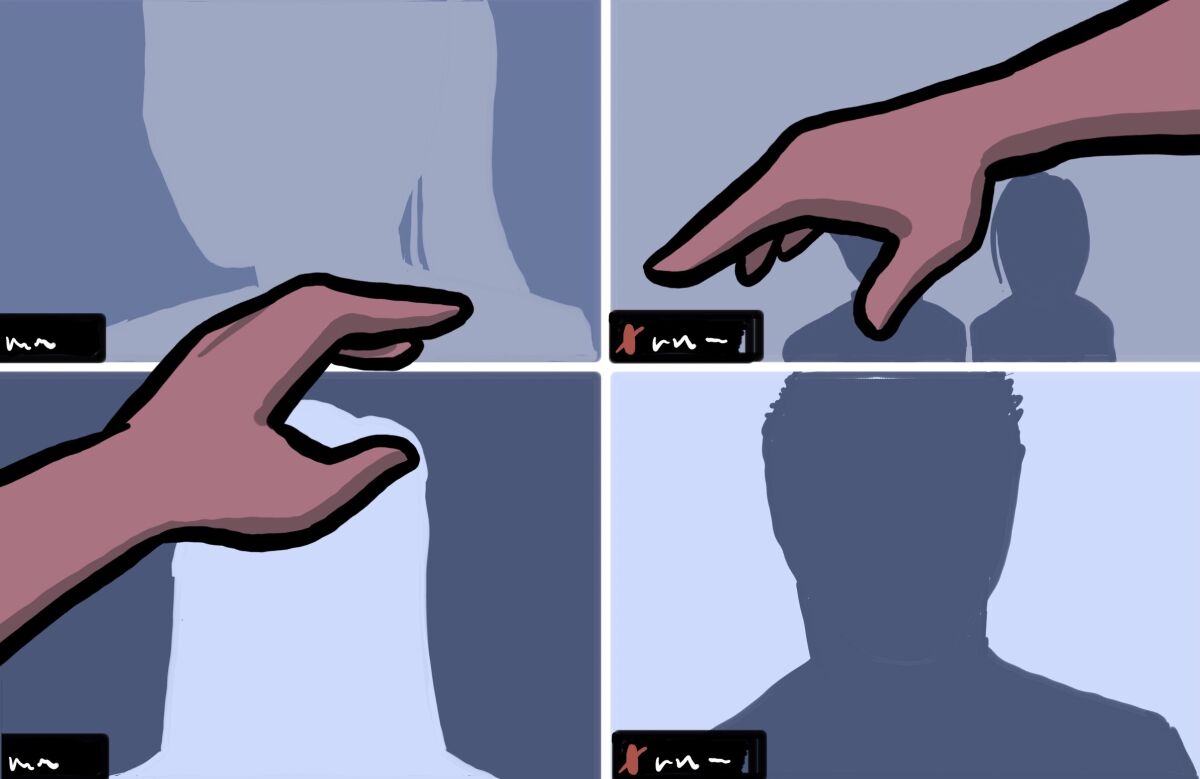 Illustration showing hands reaching across Zoom screens