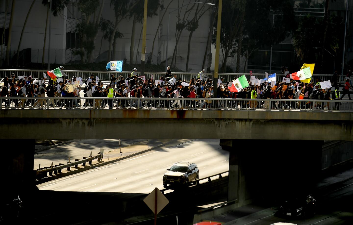 DACA supporters march over the 110 Freeway on 7th Street in Los Angeles.