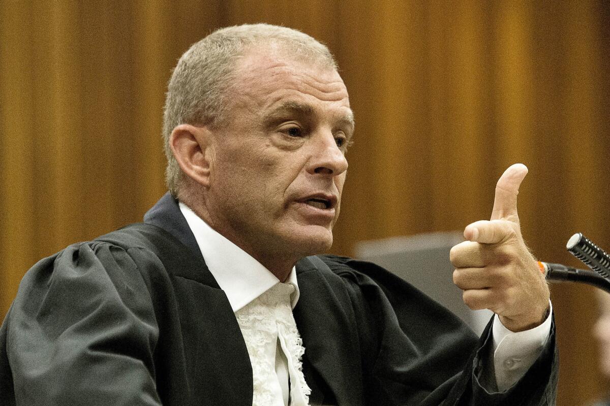State prosecutor Gerrie Nel gestures while questioning Oscar Pistorius in a Pretoria, South Africa, courtroom on Thursday.