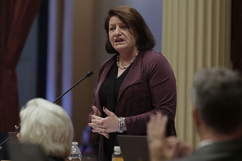 Senate President Pro Tem Toni Atkins, of San Diego, members of the Senate to approve the state budget, Thursday, June 14, 2018, in Sacramento, Calif. Lawmakers in both houses approved the $139 billion state budget plan that boosts spending 9 percent for the fiscal year beginning July 1. The bill now goes to the governor. (AP Photo/Rich Pedroncelli)