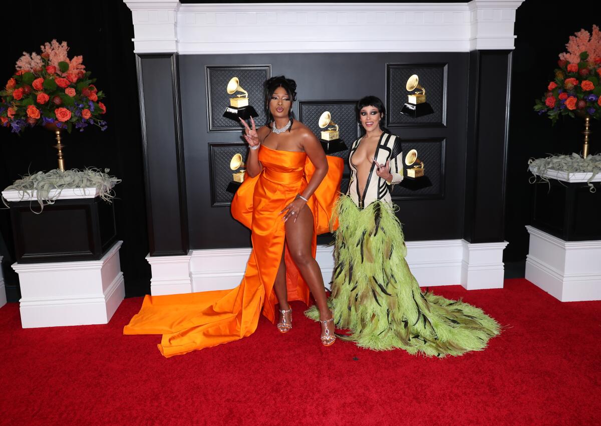 Megan Thee Stallion and Doja Cat on the red carpet at the 63rd Grammy Awards