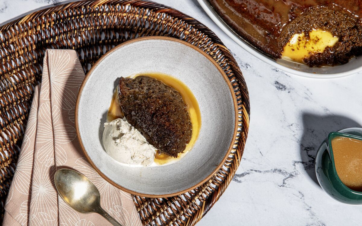 Warm toffee sauce soaks through date and molasses cake in this traditional British dessert, best served with ice cream.