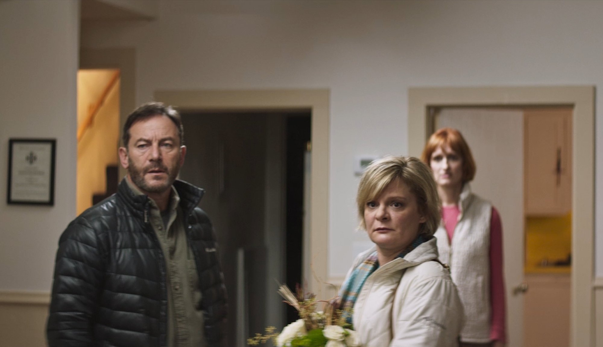Jason Isaacs and Martha Plimpton play the parents of a school shooting victim in "Mass."
