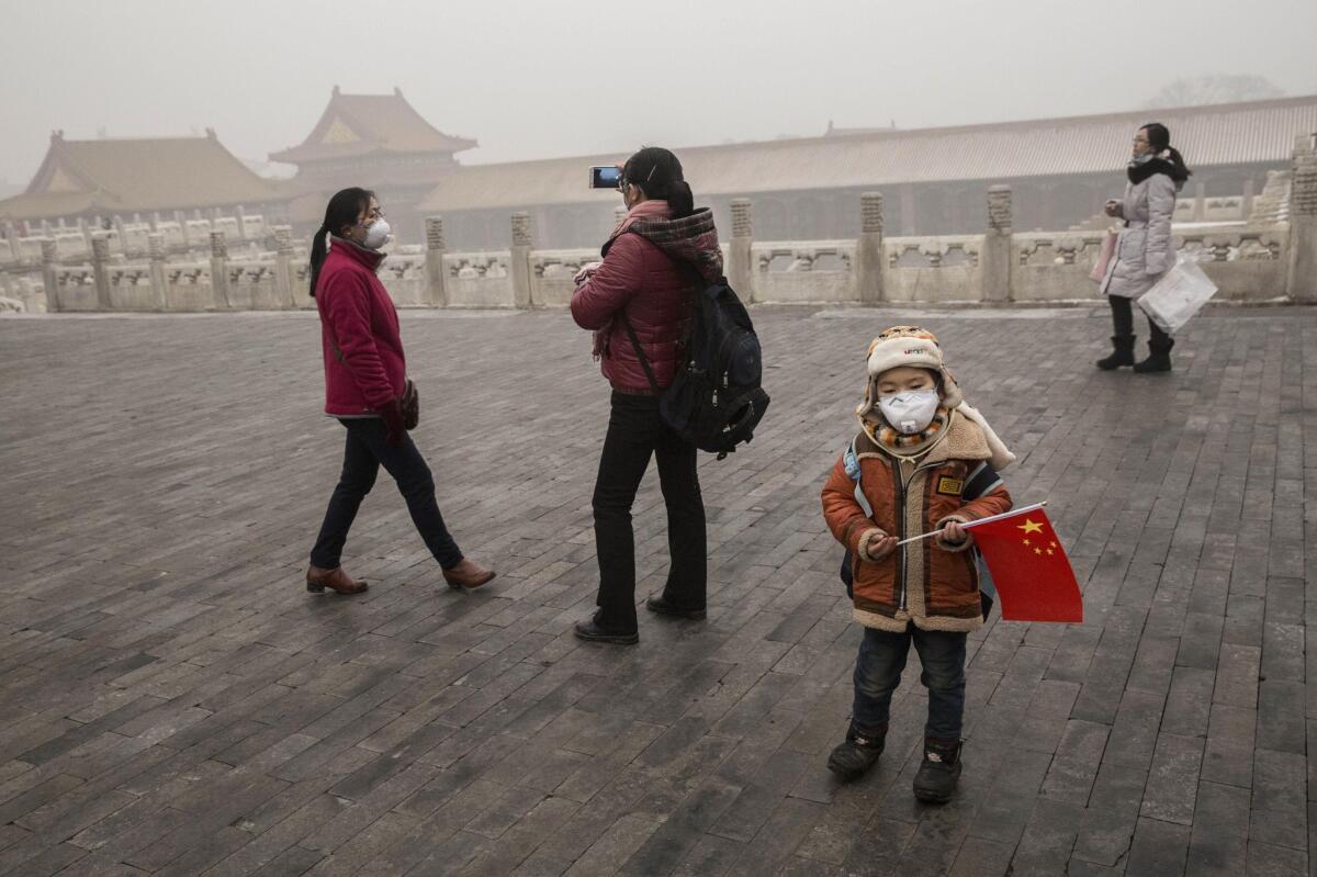 A Chinese boy wears a mask as protection from the pollution as he stands with a China flag in Beijing's Forbidden City during a high-pollution day on Tuesday.