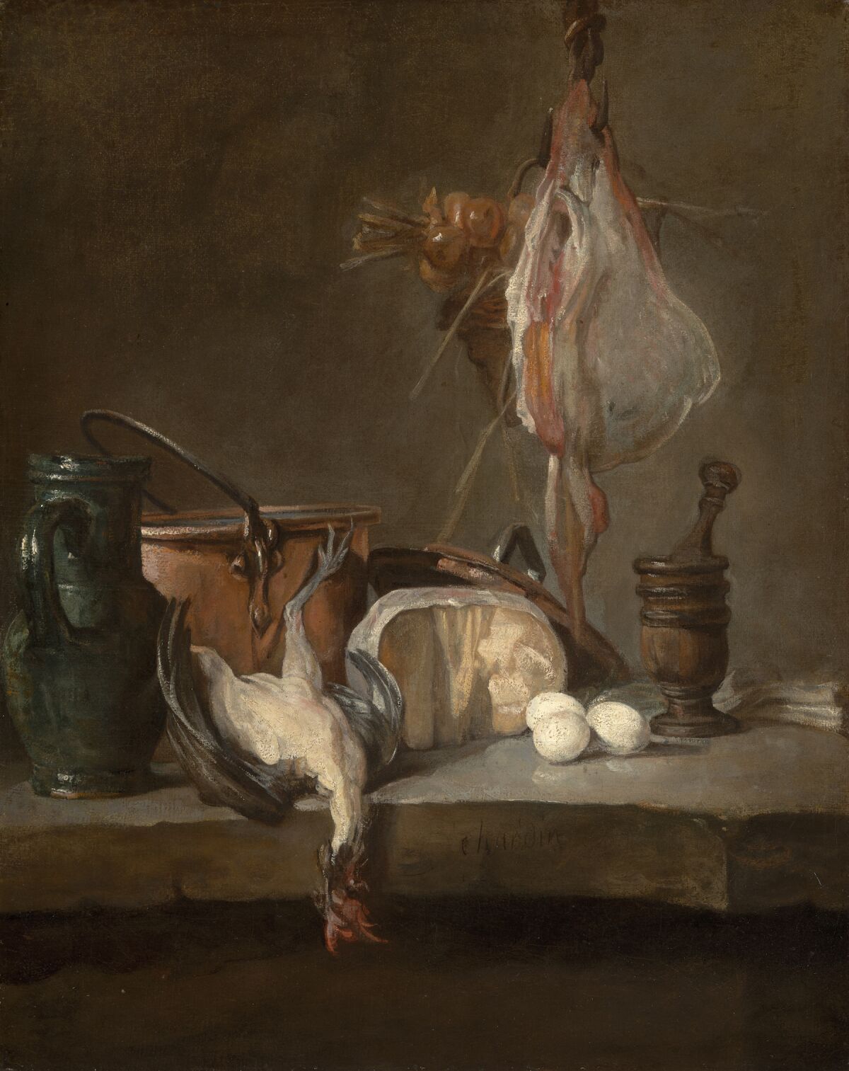 A painting of two chicken carcasses, near three eggs, a wheel of cheese, a bucket and a dark pitcher
