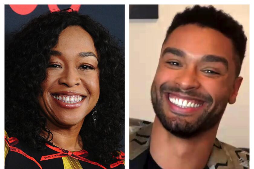 Shonda Rhimes and Rege-Jean Page in a photo diptych. Credit: Jason LaVeris / FilmMagic; Getty Images