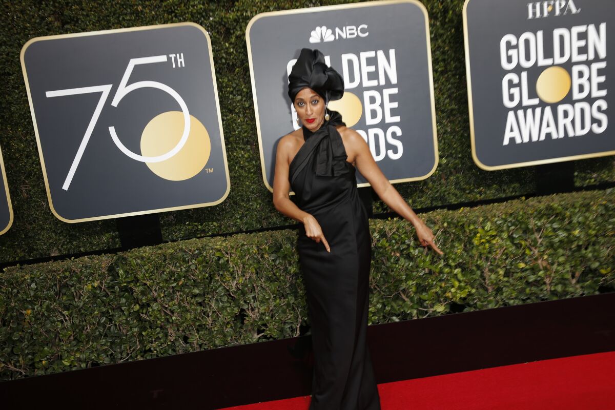 Tracee Ellis Ross arrives at the Golden Globes ceremony at the Beverly Hilton Hotel on Jan. 7.