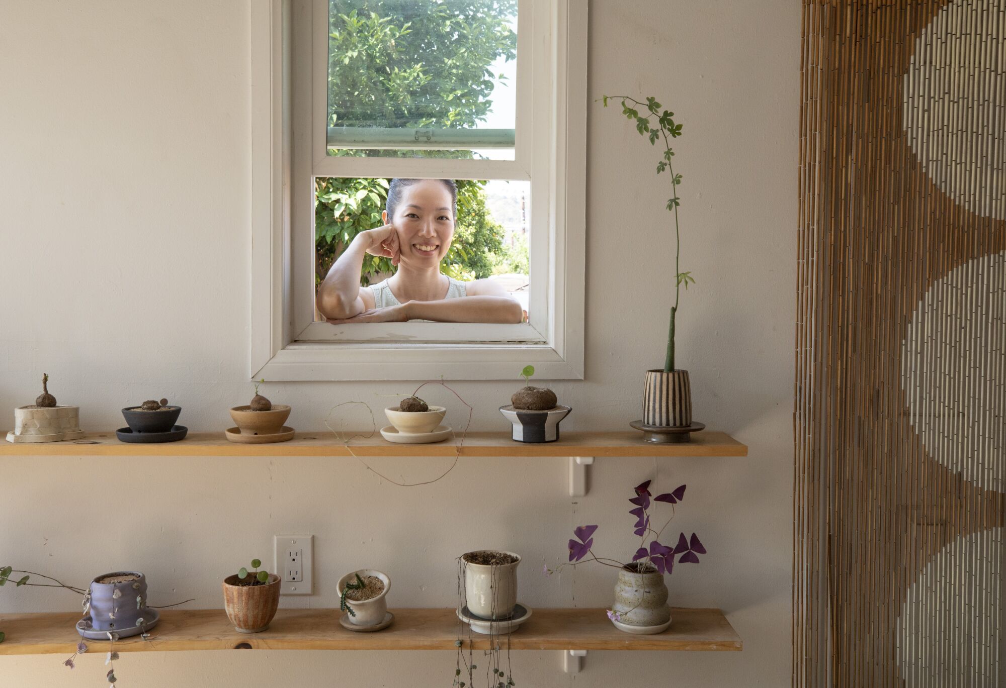 Mipa Shin is seen through a window with her planters in the foreground. 