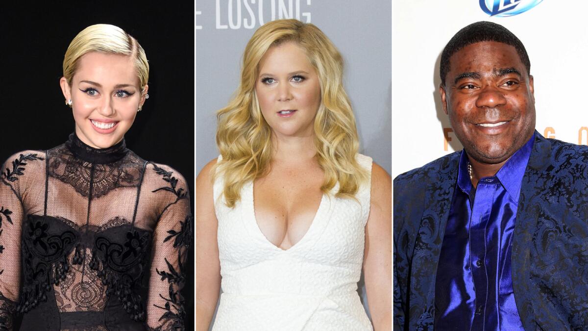 Miley Cyrus, left, Amy Schumer and Tracy Morgan will be "SNL" hosts in October.