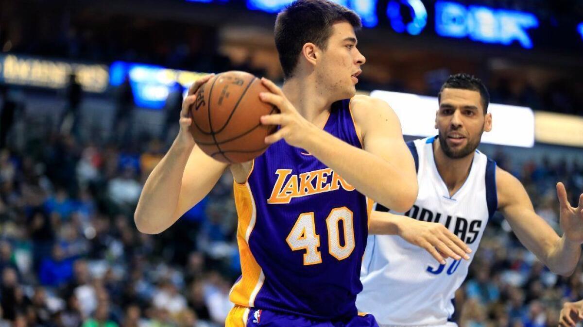 Lakers center Ivica Zubac looks to pass against Mavericks center Salah Mejri during a game on Jan. 22.