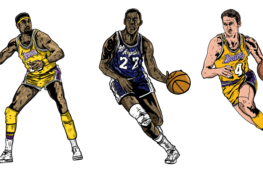illustrations of Lakers greats (from left) Wilt Chamberlain, Elgin Baylor and Jerry West.